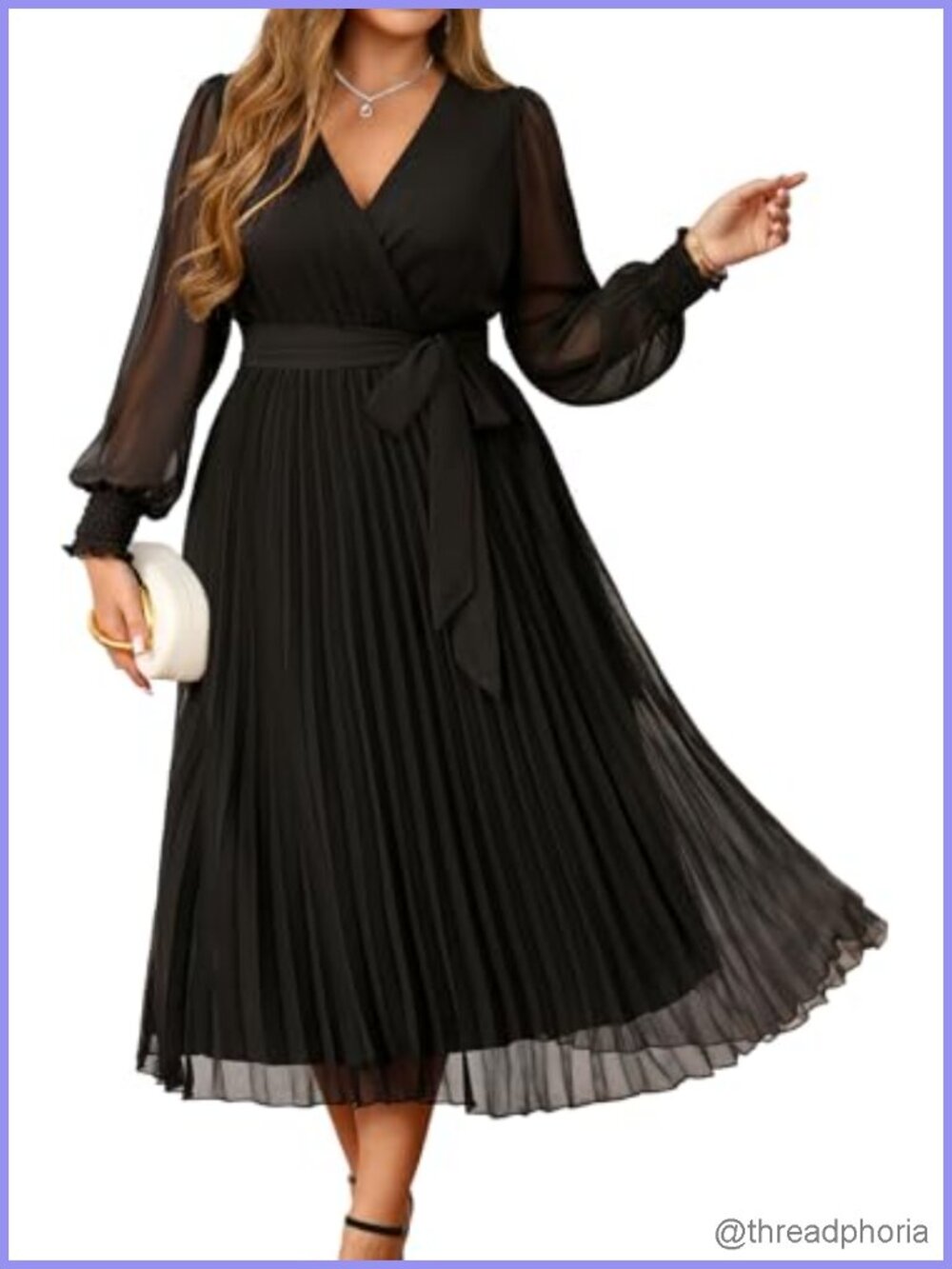 Plus Size Chiffon Midi Dress Wrap V-Neck Long Sleeve Formal
